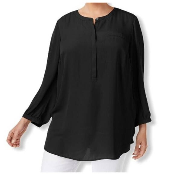 JM Collection Pleat-Back 3/4 Sleeve Henley Blouse Top Petite Large/PL Black NWT - Picture 1 of 7